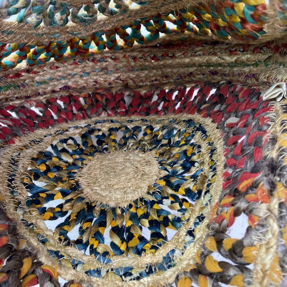 Boho Colorful Recycled Woven Jute Bag Circle Shaped Shoulder Tote Beach Bag - Picture 11 of 16